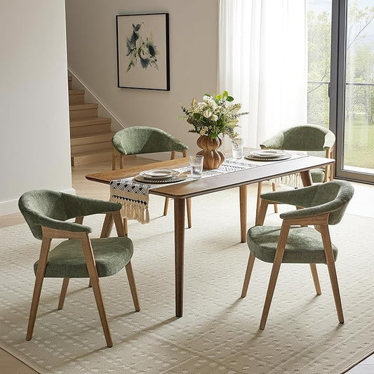 HULALA HOME Mid-Century Modern Dining Chairs Set of 4, Green Wooden Upholstered Kitchen Chairs with Armrest, Curved Backtrst & Wood Legs Armchairs Accent Chairs for Dining Living Room - Moss