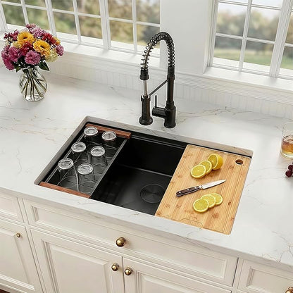 27 Inch Black Undermount Kitchen Sink,16 Gauge Stainless Steel Kitchen Sink Single Bowl, 27"x19"x9" Undermount Sink Ledge Workstation Sinks With All Accessories, Multi-Functional Sinks