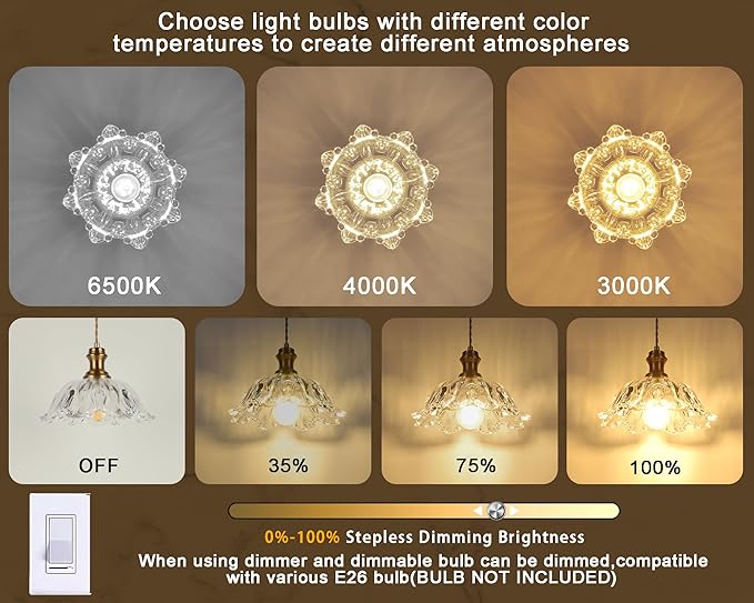 Gold Glass Pendant Lights, 10.6" 1-Light Vintage Hanging Light Fixtures with Flower Clear Glass, Antique Brushed Brass Pendant Lighting for Kitchen Island Sink Dining Room