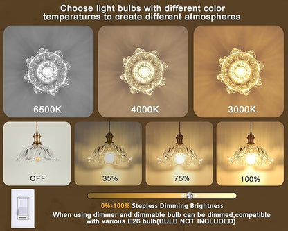 Gold Glass Pendant Lights, 10.6" 1-Light Vintage Hanging Light Fixtures with Flower Clear Glass, Antique Brushed Brass Pendant Lighting for Kitchen Island Sink Dining Room