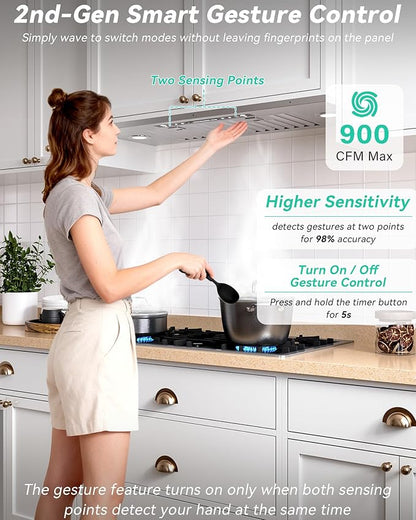 30 inch Stainless Steel Insert Range Hood - 900 CFM, Gesture Control, Ultra-Quiet 4-Speed Vent, LED Lights, Ducted/Ductless Convertible
