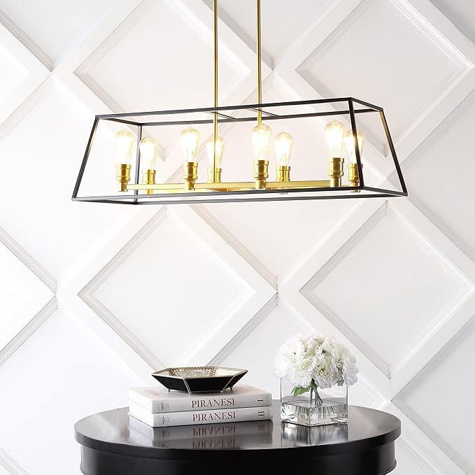 JONATHAN Y 35" Black/Brass Gold Farmhouse Industrial 8-Light Iron LED Pendant Light for Kitchen Island Dining Room, Modern Cage Lantern, Adjustable Height, 4 Bulbs Included (JYL6511A)