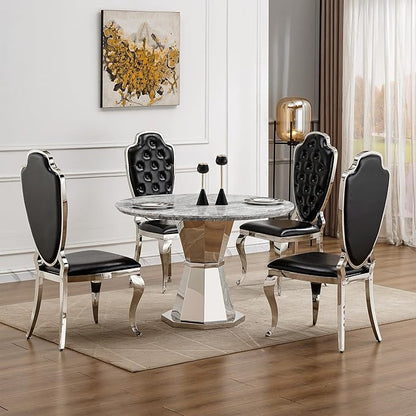 47" Round Marble Dining Table for 4-6, Luxury Modern Kitchen Table with Marble Grain MDF Tabletop & Silver Mirrored Stainless Steel Pedestal Base, Grey Stone Dinner Table for Dining Room (Table Only)
