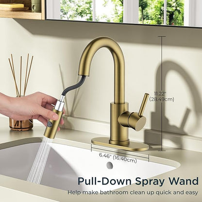 FORIOUS Brushed Gold Bathroom Faucets for Sink 3 or 1 Hole with Pull Down Sprayer, Single Handle Gold Faucets for Bathroom Vanity with Pop Up Drain, Suitable for Bath, RV, Laundry & Utility Sink