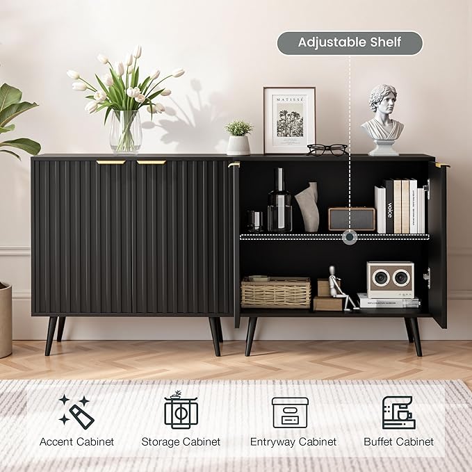Vrullu Modern Storage Cabinet, Black Sideboard and Buffet Storage, Wood Accent Cabinet for Living Room, Hallway, Entryway, Dining Room (1, Black+Gold)