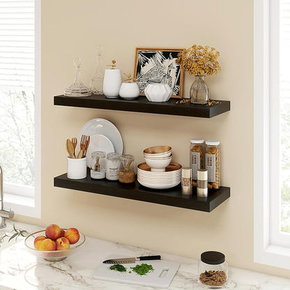 Acovy 30 Inch Floating Shelves, 9.3" Deep Floating Shelf Wall Mounted, 30" Wall Shelves, Rustic Deep Bookshelf, Large Display Shelves & Storage Shelves for Bedroom, Living Room, Black, Set of 2