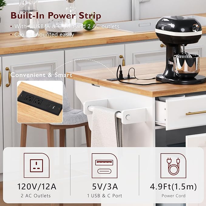 JIJIWANG 59.3" Kitchen Island with Storage 2 Pull Out Cabinet Organizers & Rubber Wood Drop Leaf, Rolling Island with Trash Can Storage, Power Outlet, Spice & Towel Rack for Kitchen, Dining, White