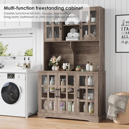 Keyluv Kitchen Pantry Storage Cabinet 71" Tall Freestanding Pantry Cabinet, Farmhouse Glass Door Buffet with Oven Countertop, Large Wood Hutch for Kitchen, Living Room and Dining Room, Rustic