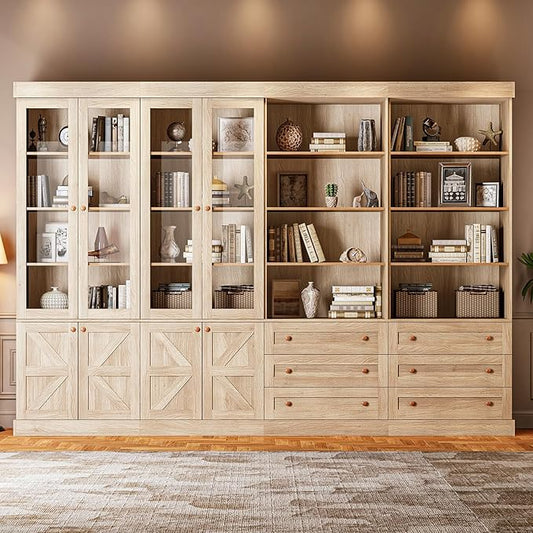 ivaniti 71" Tall Farmhouse Kitchen Pantry, Large Storage Cabinet with Glass Doors, Adjustable Shelves, 3 Drawer, Wood Versatile Hutch Cabinet for Dining Room, Living Room, Brown 4 PCS