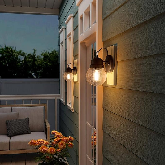 LALUZ Outdoor Porch Wall Lighting, Anti-Rust Exterior Wall Light Fixture with Globe Seeded Glass, Weather-Proof Outdoor Sconce Lights Black Outside Wall Lantern for Patio, Garage, Yards