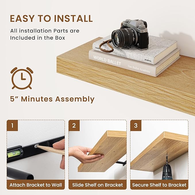 fuqing Floating Shelves for Wall, Wall Mounted Wood Floating Shelf with Invisible Brackets for Living Room, Bathroom, Bedroom, Kitchen Storage and Decor, 30 Inch Set of 2, Oak