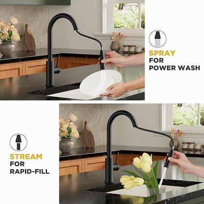 FORIOUS Black Kitchen Faucet with Pull Down Sprayer,Stainless Steel High Arc Gooseneck Modern Sink Faucet with CUPC Ceramic Cartridge, Single Handle Stainless Steel and Deck Plate