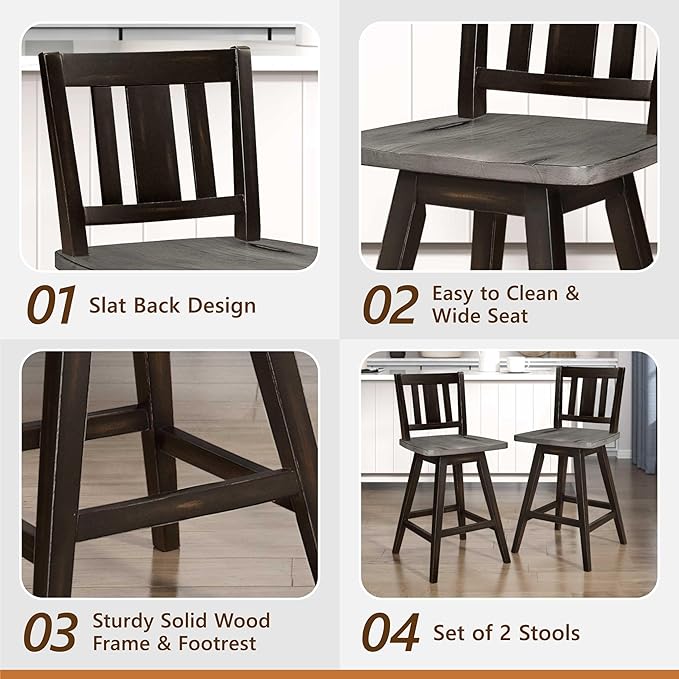 Lexicon Counter Height Stools Set of 2-Solid Wood Frame 360° Swivel Wooden Stools, Foot Rest, Slat Back, Wide Seat, Distressed Farmhouse Easy to Clean Finish, 24" SH, Antique Black/Grey