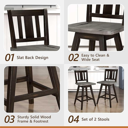 Lexicon Counter Height Stools Set of 2-Solid Wood Frame 360° Swivel Wooden Stools, Foot Rest, Slat Back, Wide Seat, Distressed Farmhouse Easy to Clean Finish, 24" SH, Antique Black/Grey