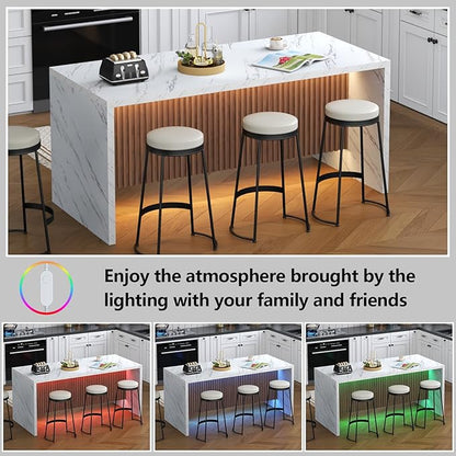 71" Large Imitation Marble Dining Table for 6-8 People, Island Table with LED Lights, Mordern Marble Stripes Kitchen Dining Table with Grille design for Dining Room, Home, Office, Living Room（white）