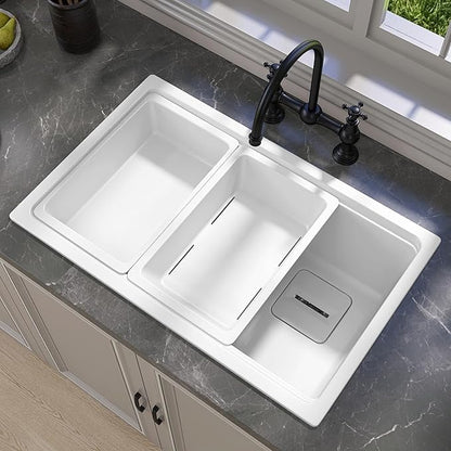 33 in. White Undermount Workstation Kitchen Sink Granite Composite Drop-in Sink Deep Modern Farmhouse Sink Single Bowl 33x19 with Accessory Kit
