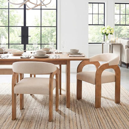 Farmhouse Dining Chairs Set of 6 - Upholstered Armchairs with Linen Cushions & Curved Wooden Arms, Barrel Wood Kitchen Chairs for Dining Room/Cafe/Kitchen Island (Oatmeal Beige)
