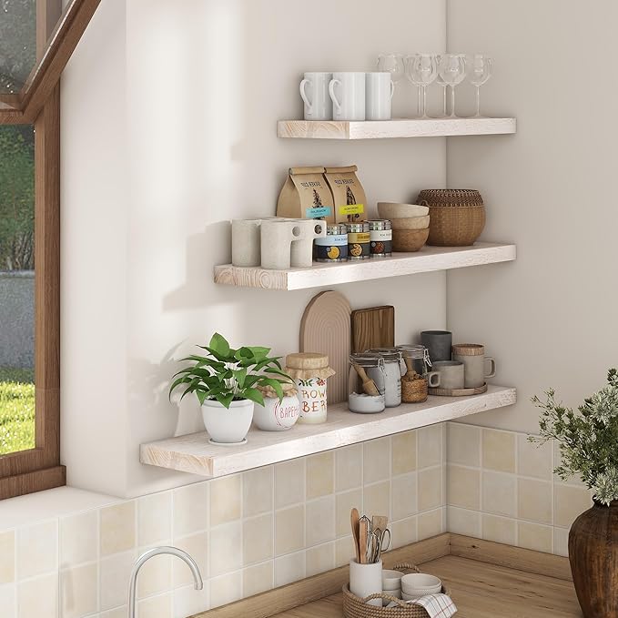 Axeman Floating Shelves for Wall, 8 Inch Deep Rustic Solid Elm Wood Wall Shelves for Storage, Wall Mounted Display Shelving with Invisible Heavy-Duty Metal Bracket, 36'' Width Set of 2, White Wash
