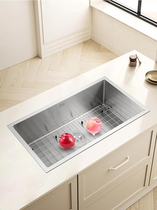 30 Inch Workstation Undermount Kitchen Sink with Overflow, 16 Gauge Stainless Steel Single Bowl Sink, 10 Inch Deep Sink with Dish Grid, Roll Drainer and Basket Strainer