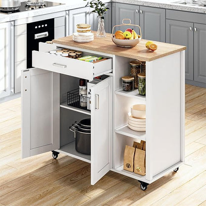 YITAHOME 37" Rolling Kitchen Island Cart with Storage, Butcher Block Island on Wheels, Mobile Kitchen Storage Carts with Shelves & Spice Rack, White