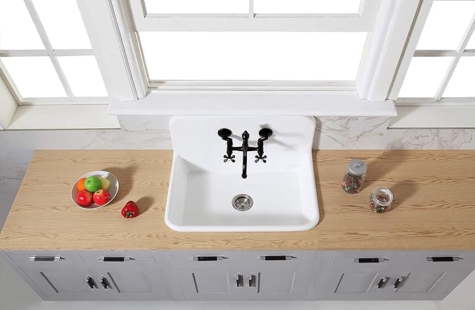 Kingston Brass GKTA3020198 Arcticstone 30-Inch Solid Surface Top-Mount Kitchen Sink with Backsplash, Matte White