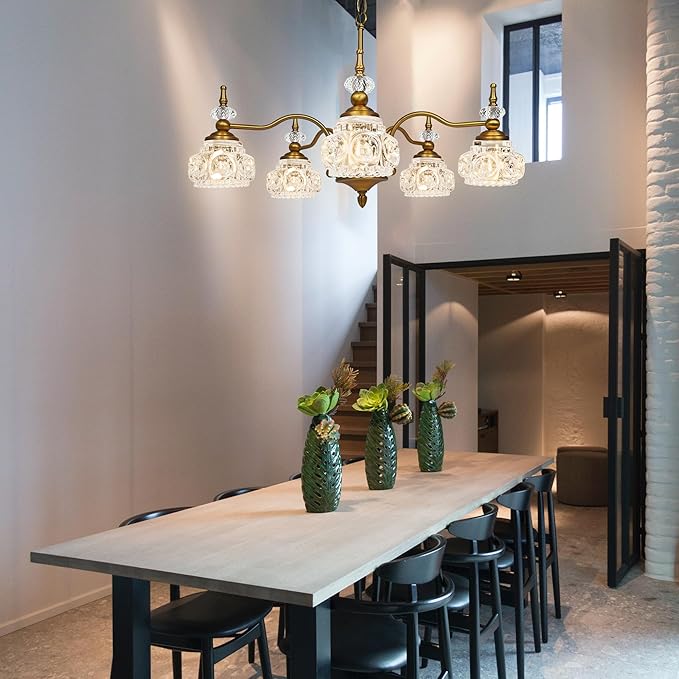 Montex Brass Pendant Light Fixture, Gold Vintage Chandelier Light Fixture 5 Lights, Include 6 Light Bulbs Glass Pendant Light Crystal Hanging Light