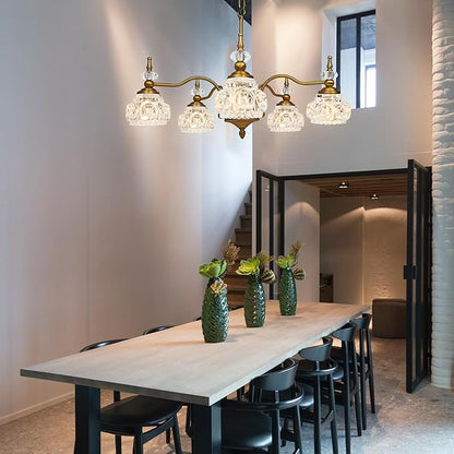 Montex Brass Pendant Light Fixture, Gold Vintage Chandelier Light Fixture 5 Lights, Include 6 Light Bulbs Glass Pendant Light Crystal Hanging Light