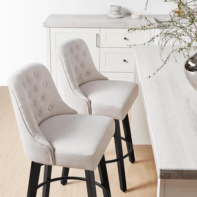 KISLOT Swivel Counter Height Bar Stools Set of 4, 26" Upholstered Fabric Barstools with Back, Thick Seat and Square Solid Wood Legs for Kitchen Island Home Bar, Beige