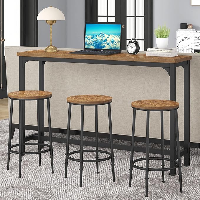 HOMYSHOPY Bar Table Set for 3, 4 Piece Console Table with 3 Stools, Counter Height Sofa Table Set with 3 Chairs for Breakfast Nook, Living Room and Apartment (Brown)