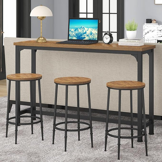 HOMYSHOPY Bar Table Set for 3, 4 Piece Console Table with 3 Stools, Counter Height Sofa Table Set with 3 Chairs for Breakfast Nook, Living Room and Apartment (Brown)