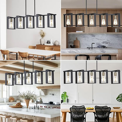 9MMML 41.5" Mid Century Dining Room Chandelier, Black and Gold Wood Pendant Light, Height Adjustable 5 Lights Fixtures for Kitchen Island Hallway Pool Table
