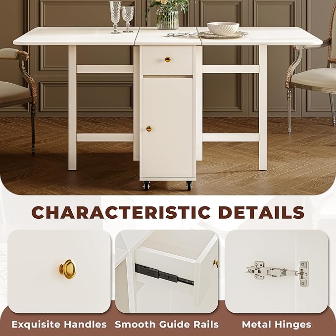 No Assembly Required Foldable Dining Table, Space Saving Extendable Kitchen Island with Drop Leaves for 2-6 People, Collapsible Craft Table with Movable Swivel Wheels for Small Spaces, White