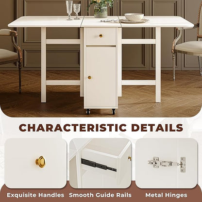 No Assembly Required Foldable Dining Table, Space Saving Extendable Kitchen Island with Drop Leaves for 2-6 People, Collapsible Craft Table with Movable Swivel Wheels for Small Spaces, White