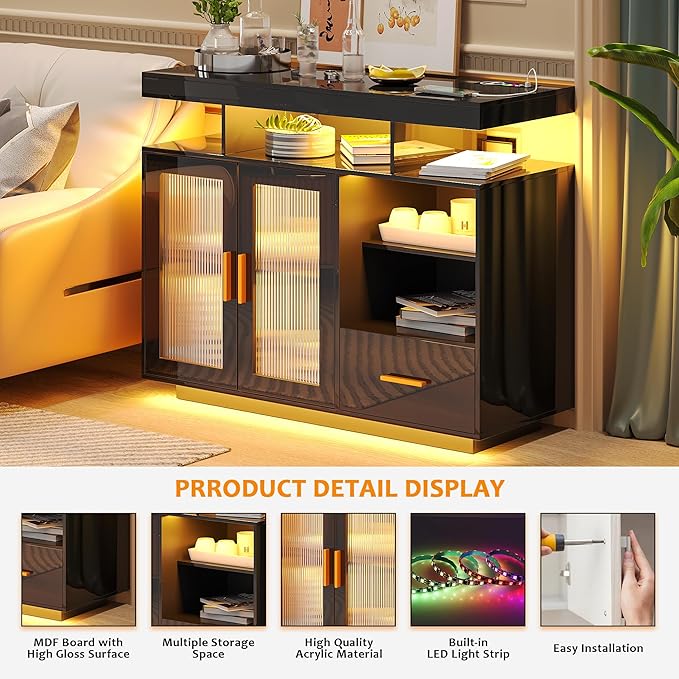 40" Wood LED Coffee Bar with Wireless Charging Station, Kitchen Storage Coffee Bar Cabinet with 2 Doors and 2 Shelves, RGB Modern Side Board Storage Cabinet for Kitchen(Black)