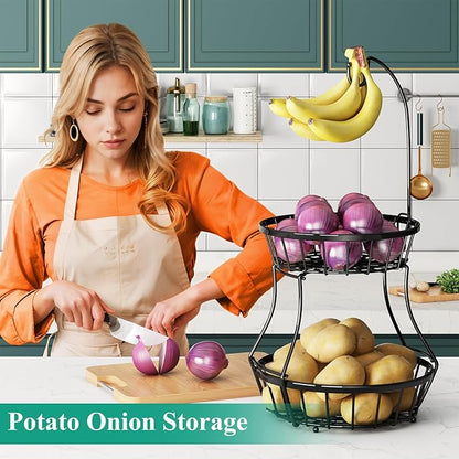 SAYZH 2-Tier Fruit Basket Bowl Stackable Vegetable Storage with Banana Tree Hanger Stand for Kitchen Countertop, Metal Wire Basket for Bread Onions Potatoes Black