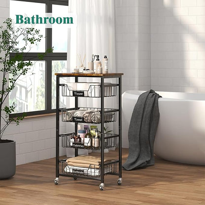 XYZLVSI Kitchen Storage Cart with Wheels, 5-Tier Metal Utility Rolling Cart Fruit Vegetable Storage Basket Pantry Rack with Wood Top & Pull Out Baskets for Kitchen, Livingroom, Diningroom, Office