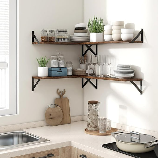 Axeman 24 Inch Floating Shelves | 8 Inch Deep Brown Wall Shelves Set of 2 | 24''W x 8''D Rustic Brown Wood Shelves for Bathroom Kitchen Living Room Bedroom Home Office