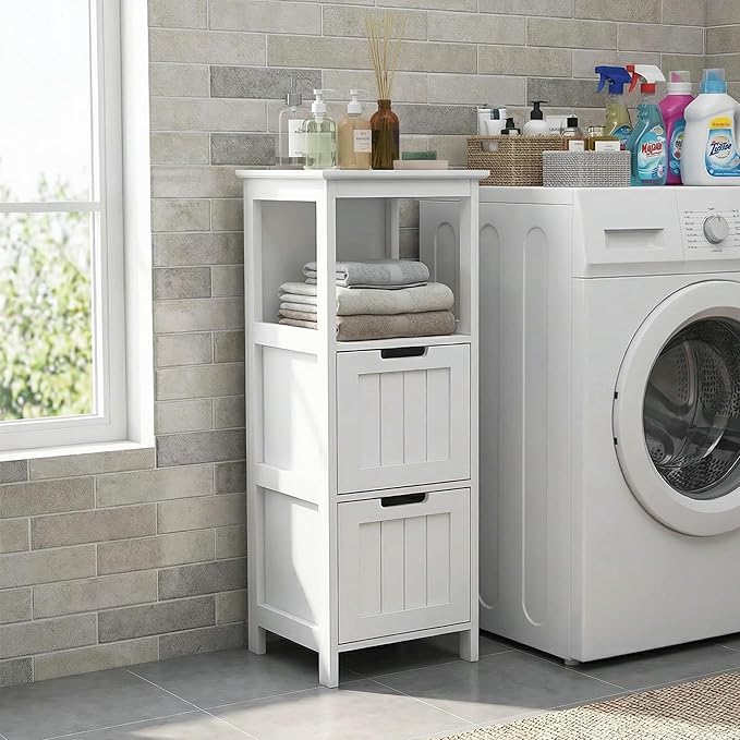 Casaphoria 2-Drawer Bathroom Floor Cabinet, Wooden Storage Organizer with Side Rack, Freestanding Stand Table for Bathroom, Hallway, White
