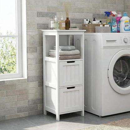 Casaphoria 2-Drawer Bathroom Floor Cabinet, Wooden Storage Organizer with Side Rack, Freestanding Stand Table for Bathroom, Hallway, White