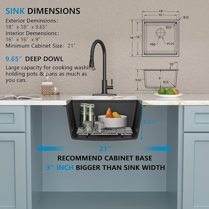 18 Undermount Bar Sink Workstation - Fulorni 18"x18" Undermount Wet Bar Sink Matte Black Granite Composite Quartz Classic Single Bowl Under Counter Small Kitchen Bar Prep RV Sink Basin