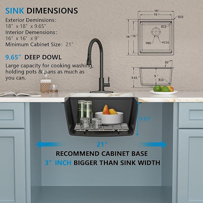 18 Undermount Bar Sink Workstation - Fulorni 18"x18" Undermount Wet Bar Sink Matte Black Granite Composite Quartz Classic Single Bowl Under Counter Small Kitchen Bar Prep RV Sink Basin