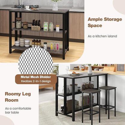 COSTWAY Home Bar Unit, 3-Tier Bar Table with Storage Shelves, Metal Frame, Adjustable Foot Pads, Breakfast Corner Bar Cabinet for Kitchen Island Dining Room (Grey)