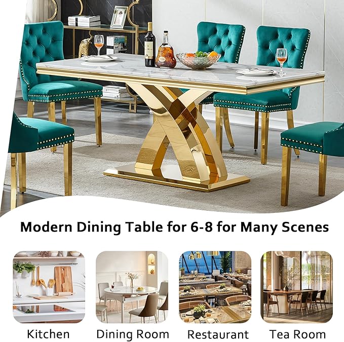 68" Faux Marble White Dining Table for 6-8, Modern Dining Room Table with 0.71" Marble Printing MDF Top and X-Shaped Gold Stainless Steel Base, Rectangle Kitchen Dinner Table