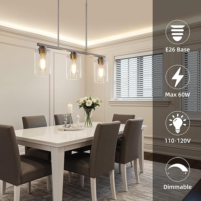 Mecgirn Island Light for Kitchen, Brushed Nickel Dining Room Light Fixture Over Table, 3-Light Linear Chandelier Pendant Lighting for Dining Table Kitchen Island Living Room