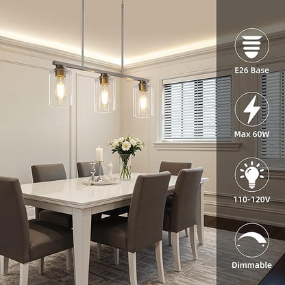 Mecgirn Island Light for Kitchen, Brushed Nickel Dining Room Light Fixture Over Table, 3-Light Linear Chandelier Pendant Lighting for Dining Table Kitchen Island Living Room