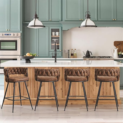 VECELO Bar Stools Set of 4, Counter Height Bar Stools, 26 inch Seat Barstools with Woven Back and Footrest for Kitchen Island Counter, Brown