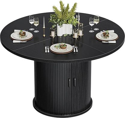 47 Inch Round Dining Table for 4-6 Round Table Kitchen Modern Round Dining Room Table with 2-Layer Storage Shelf and Wood Slide Door Circle Kitchen Tables for Dining Room Black