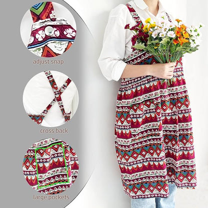 Cityelf Vintage Pinafore Apron Dress Snap Adjust Linen Cotton with Pockets Floral Aprons for Cooking Gardening