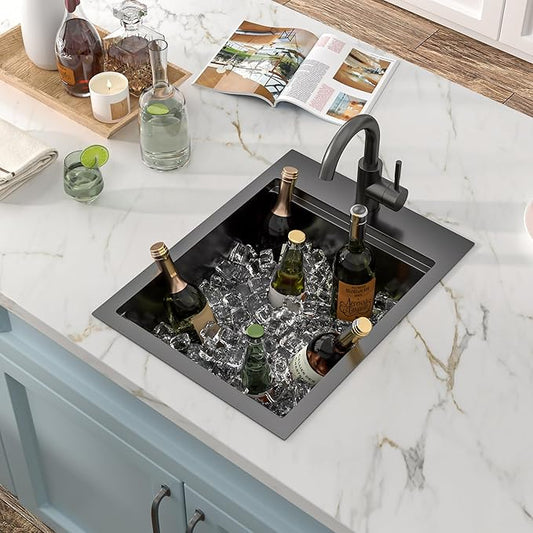 15"x20" Drop In Bar Prep Sink Workstation – Gunmetal Black NANO-PVD, 16 Gauge 304 Stainless Steel, Single Bowl Top Mount Wet Bar RV Outdoor Kitchen Sink with Faucet
