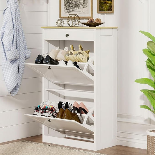 FTZxHKLX Shoe Cabinet with 2 Flip Drawers, Slim Wooden Hidden Shoe Organizer with Drawer, Pet-Proof Narrow Shoe Storage Cabinet for Entryway Living Room Behind The Door